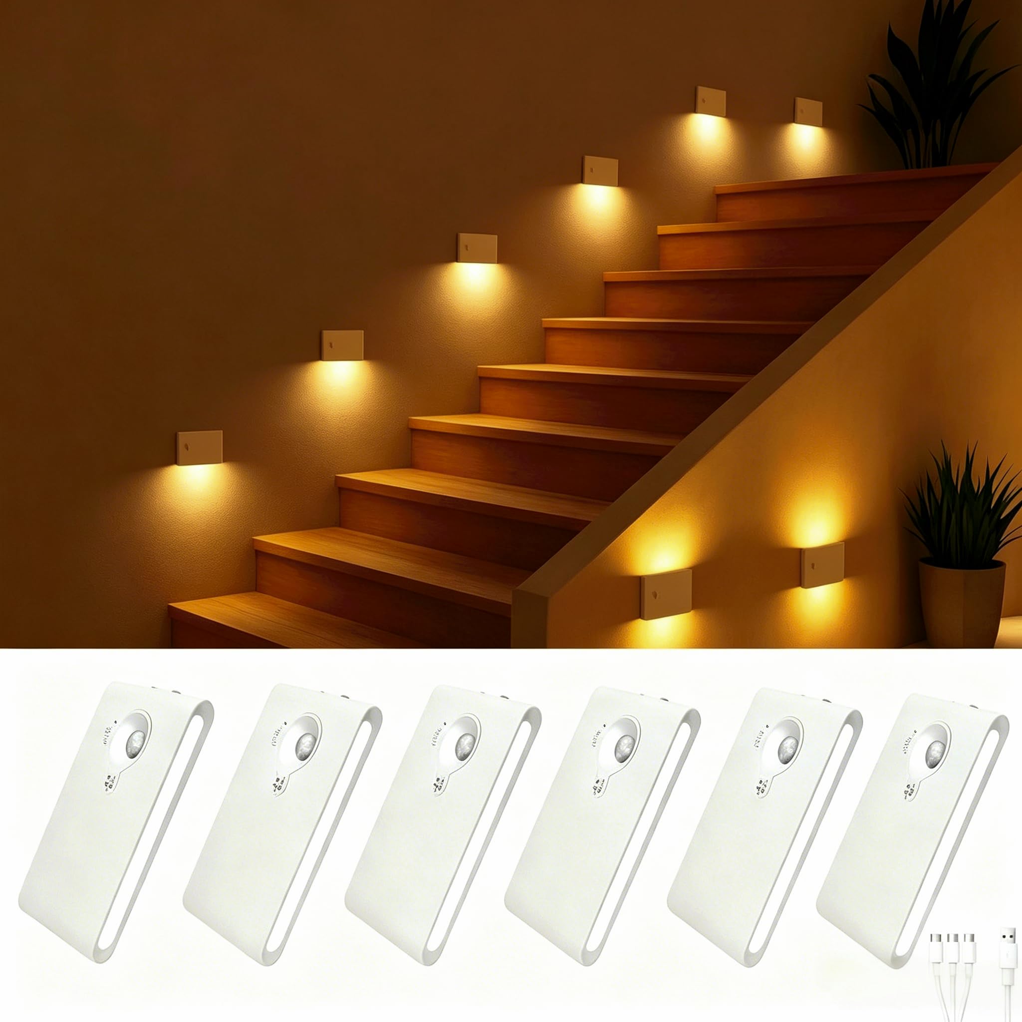 6 Piezas Luz Nocturna LED con Sensor de Movimiento y Batería Recargable Brillo Regulable, 4 Modos (ON/Auto/Noche/OFF), Luz Magnética Inalámbrica, Iluminación para Escaleras, Pasillo, Dormitorio,y Baño