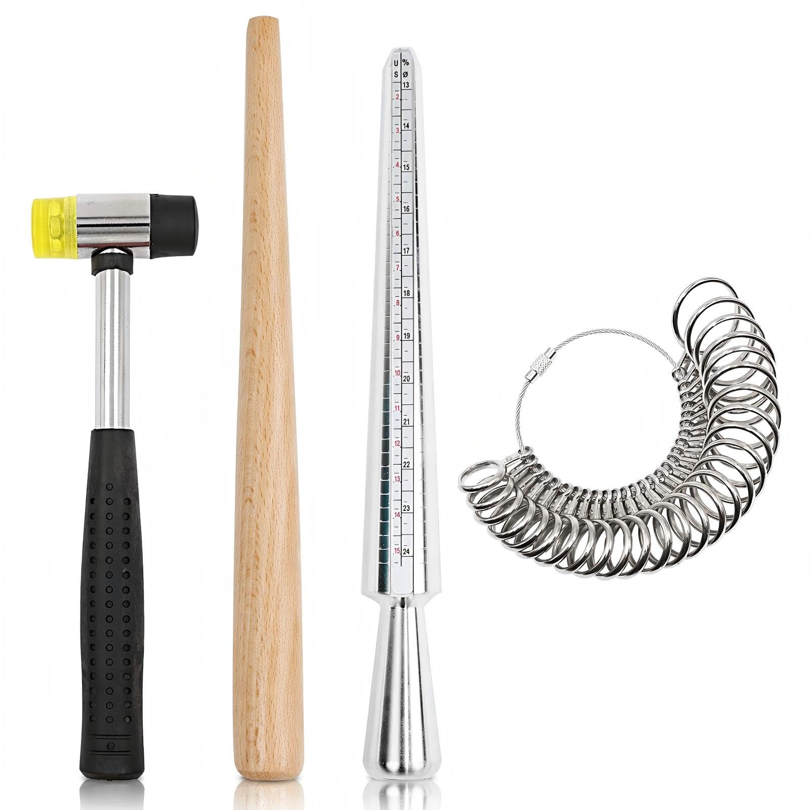Ringdorn Metall Ringmaß Set mit Schmuck Gummihammer Hammer Ringe Größe Messwerkzeuge Fingerlehre Holz Ring Shaper Werkzeug Juwelier Reparatur Kit