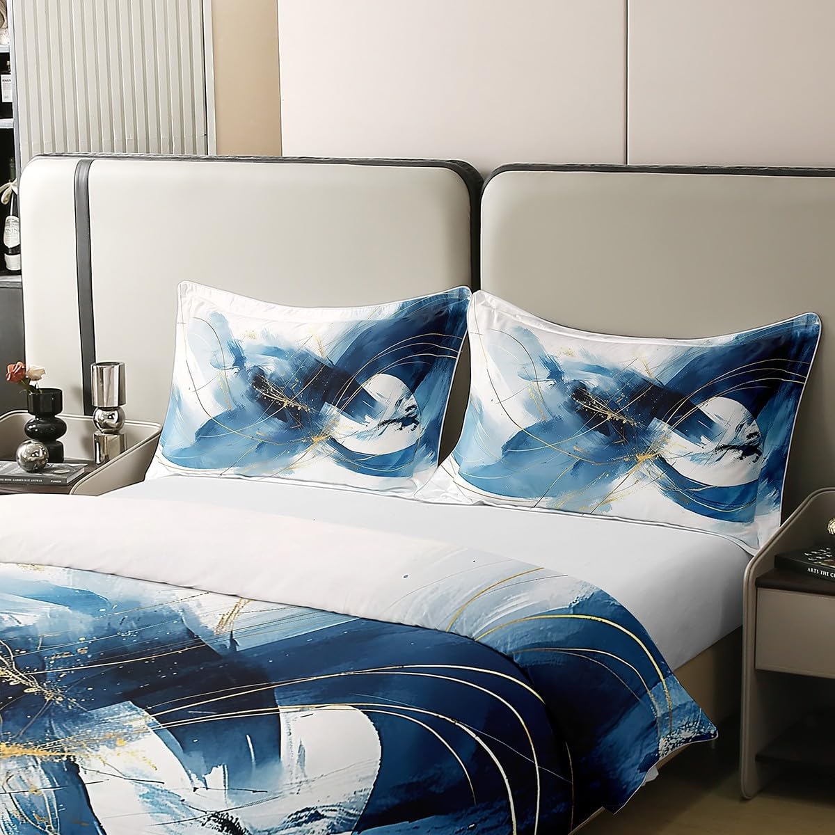 Manfei King Size 100% Cotton Aesthetic Artwork Duvet Cover Blue Graffiti Bedding Set Gold Lines Geometric Comforter Cover Set White Blue Navy Bedspread Cover Room Decor Bedclothes No Filling