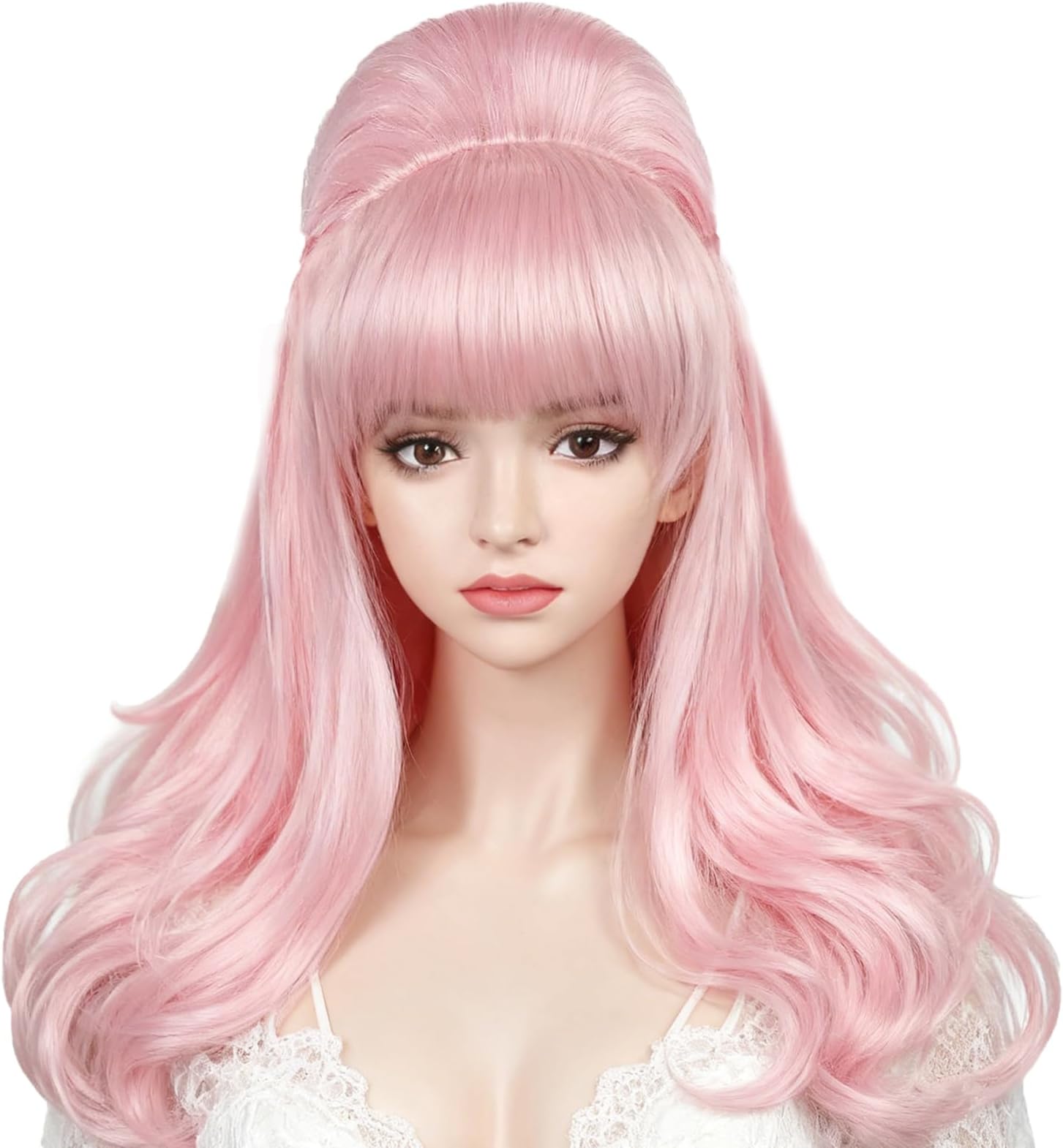 70s Pink Beehive Wig with Bangs Long Vintage Updo Wigs for Women Fits 70s 60s 50s Costume and Halloween Party