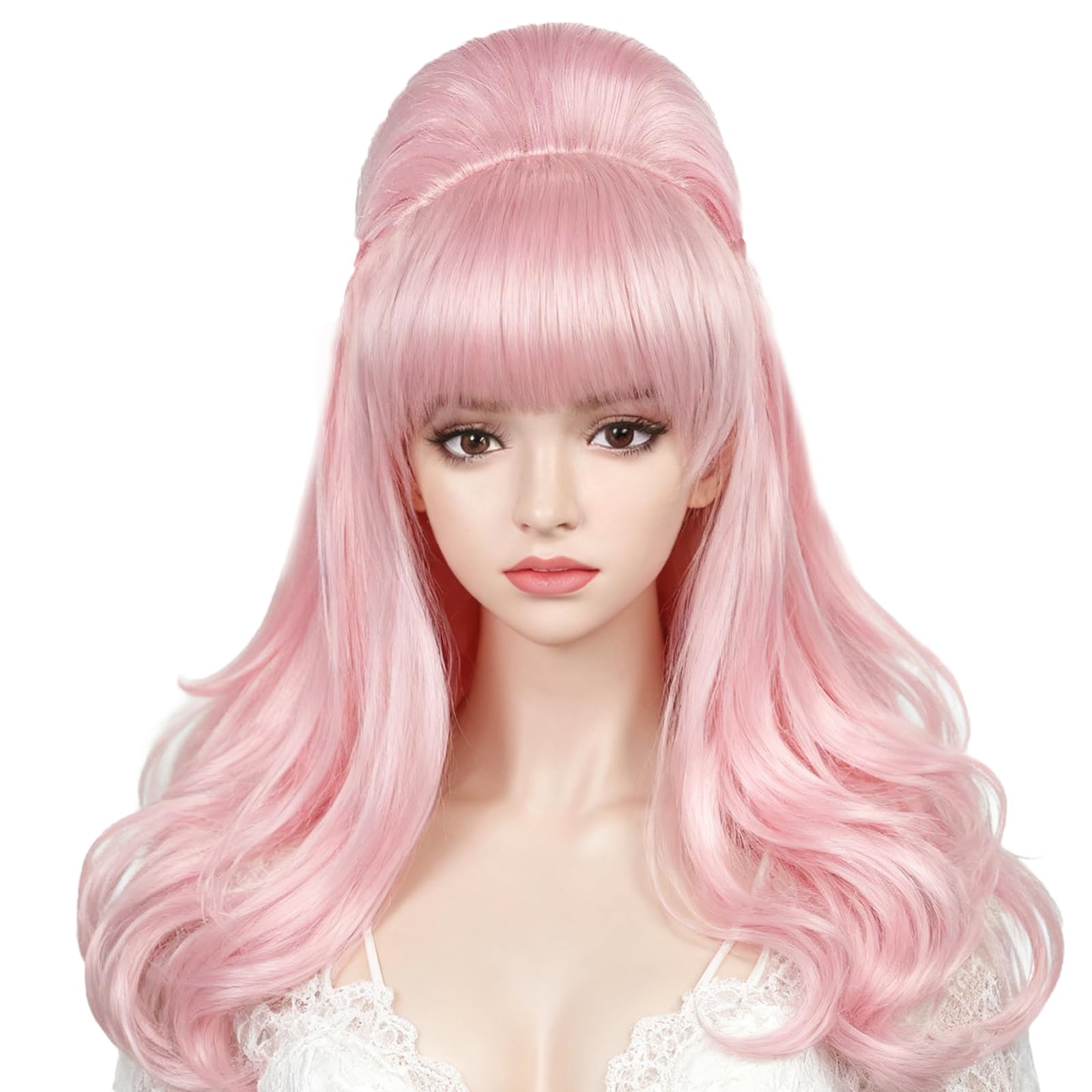 70s Pink Beehive Wig with Bangs Long Vintage Updo Wigs for Women Fits 70s 60s 50s Costume and Halloween Party