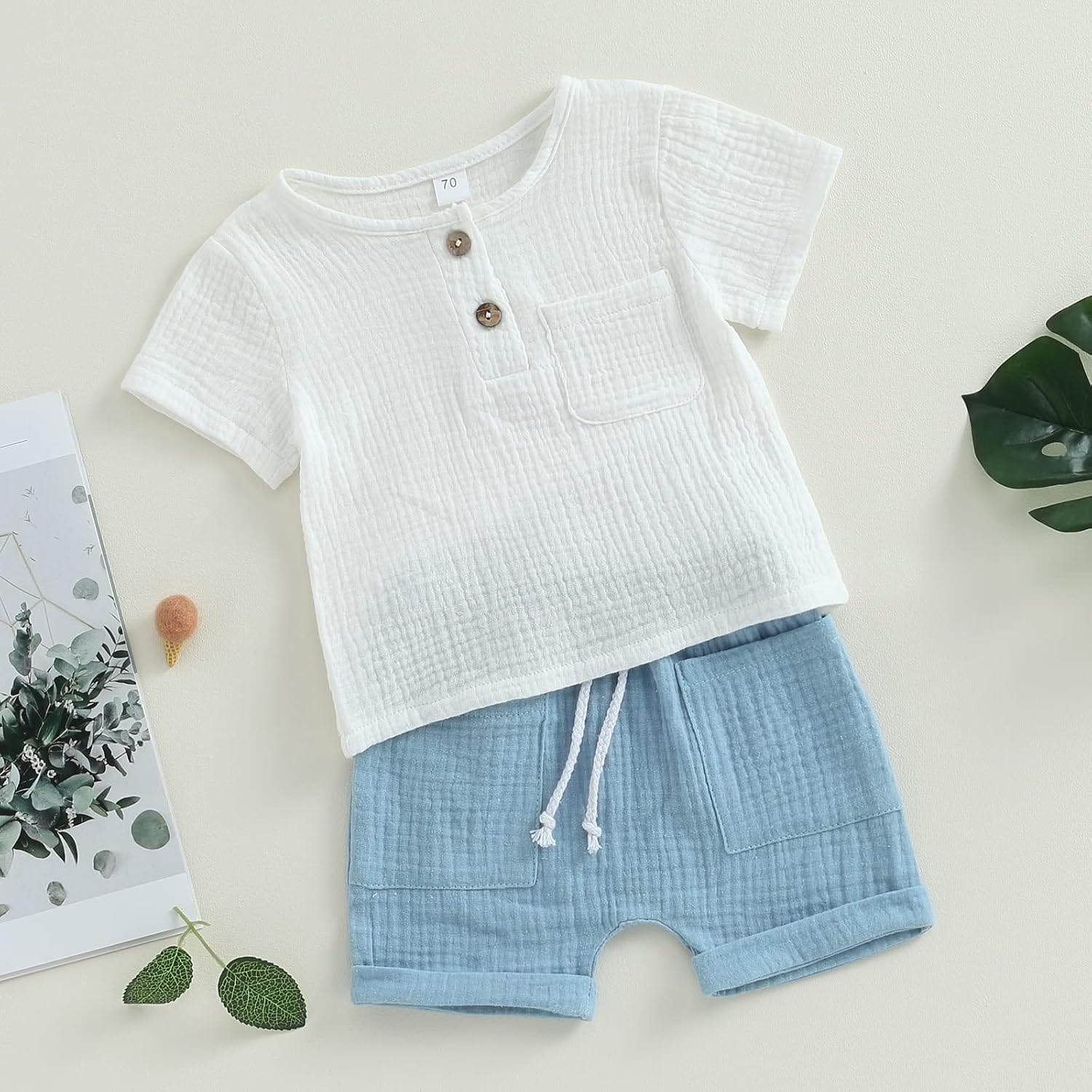 Toddler Baby Boy Summer Clothes Short Sleeve Buttons T-Shirt Tops Drawstring Shorts Sets 2Pcs Cotton Linen Outfits - Image 2