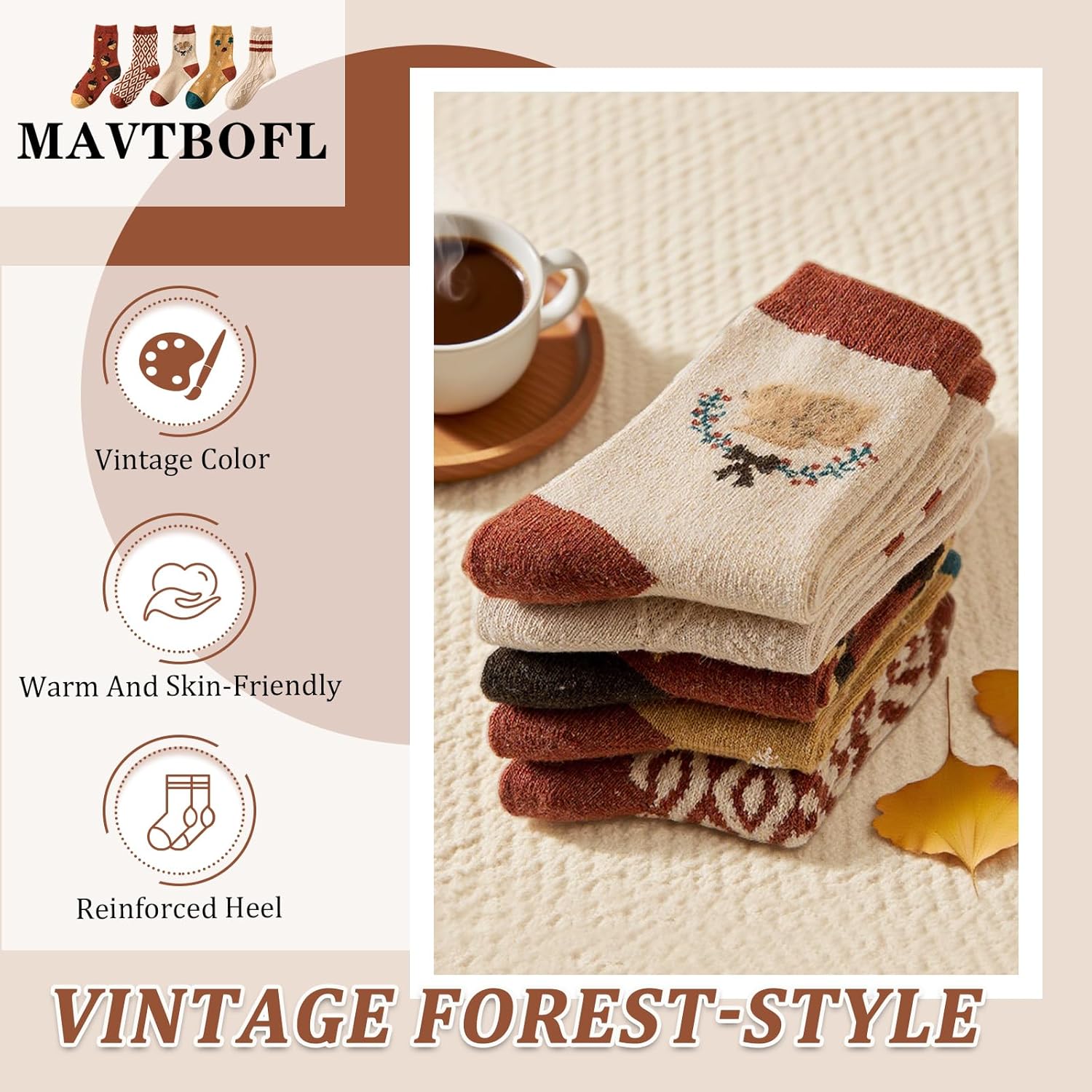 5 Pairs Women's Vintage Wool Socks, Super Cozy Thick Winter Hiking Crew Socks - Image 3