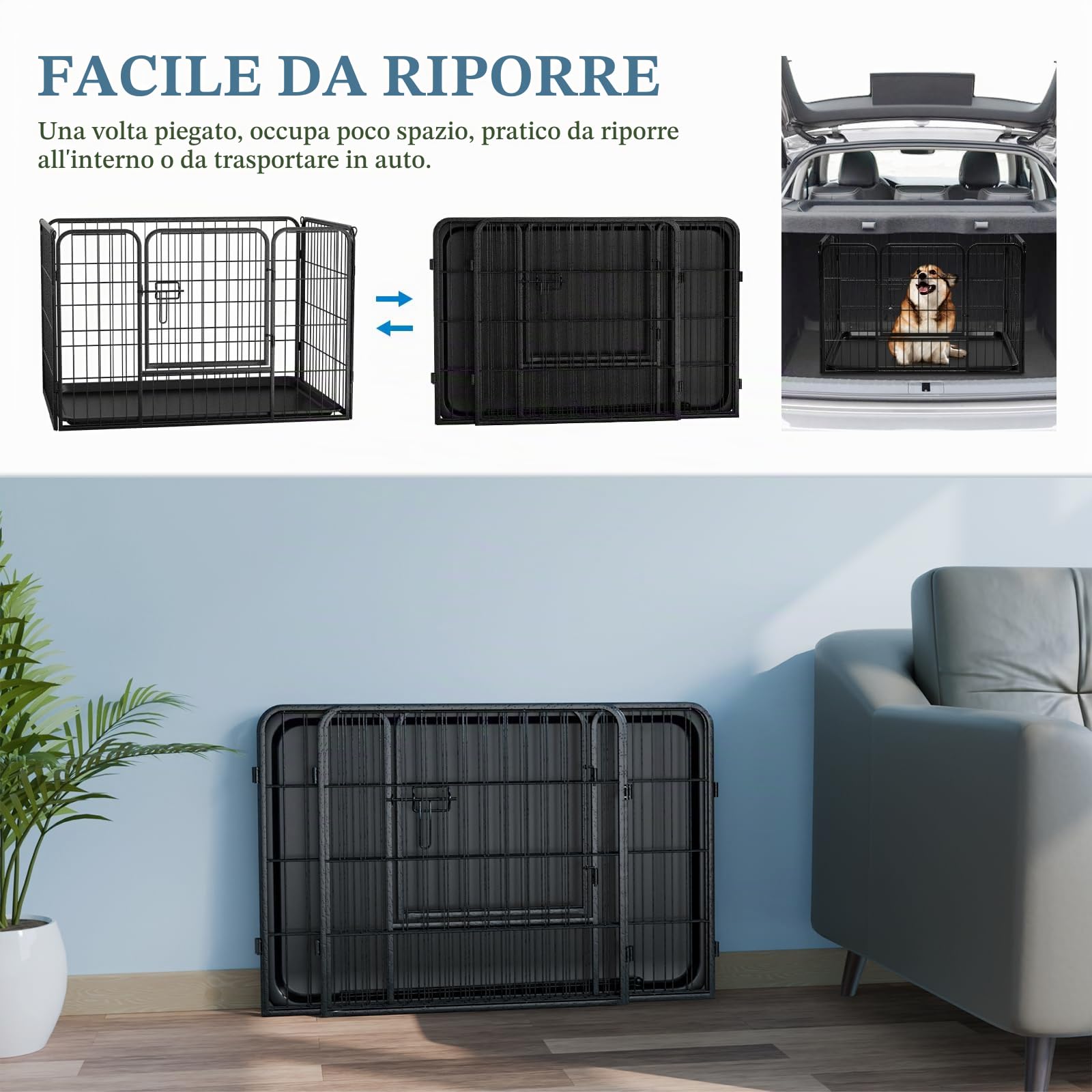 QRDA Recinto per cuccioli Recinto per cani in metallo Recinto per animali con cancello Recinto per cani pieghevole con griglia 4 pezzi