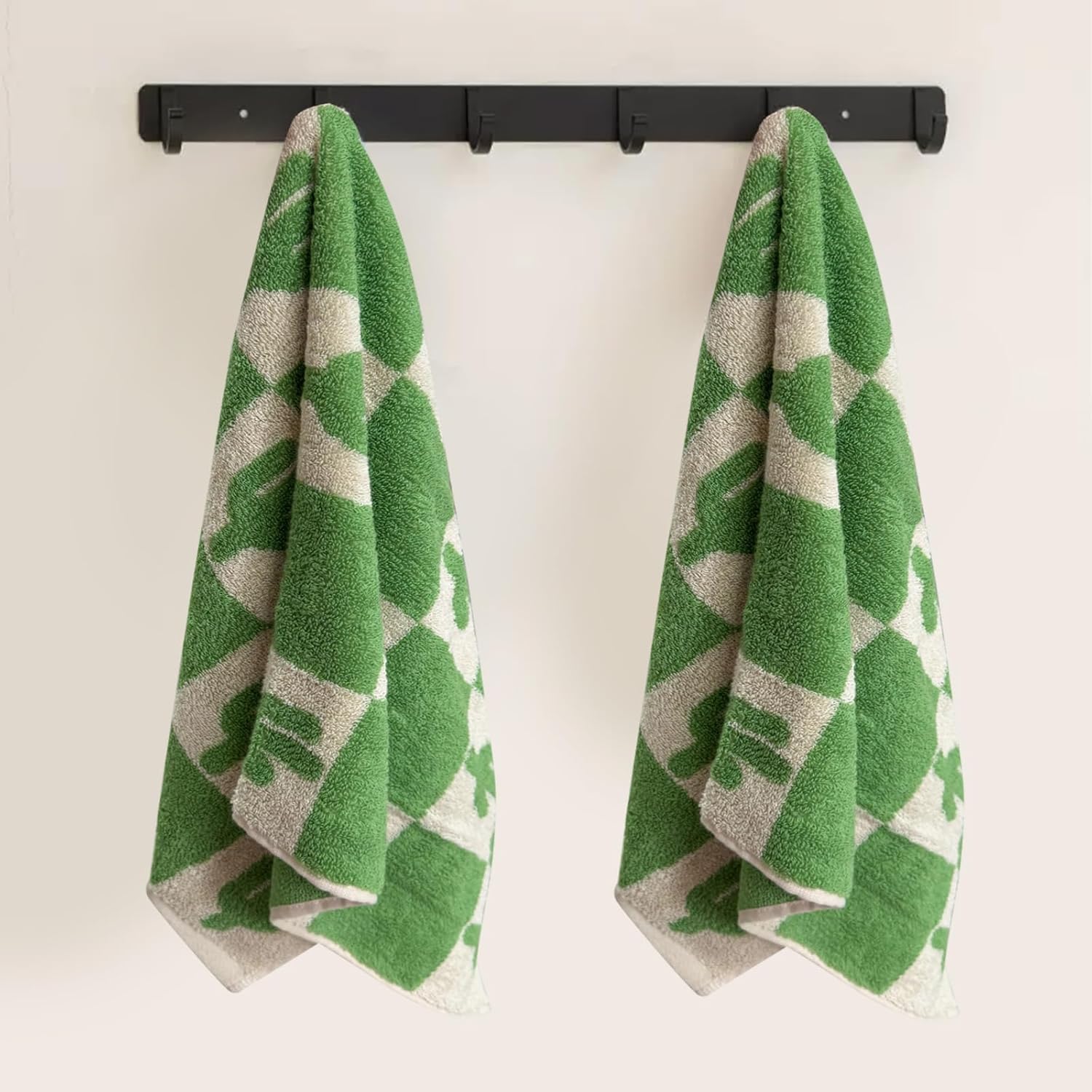 USTIDE 2 Piece Premium Cute Cactus Bath Towel Set 100% Cotton Soft Absorbent Bathroom Hand Towels Green Checked Hand Towel for Bathroom Kitchen Sports, 14x30 Inch