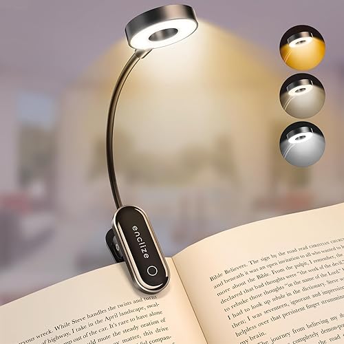 enclize Book Light for Reading in Bed,Rechargeable LED Reading Light with Stepless Brightness & 3 Color Temperature, Easy Clip On Reading Lamp for