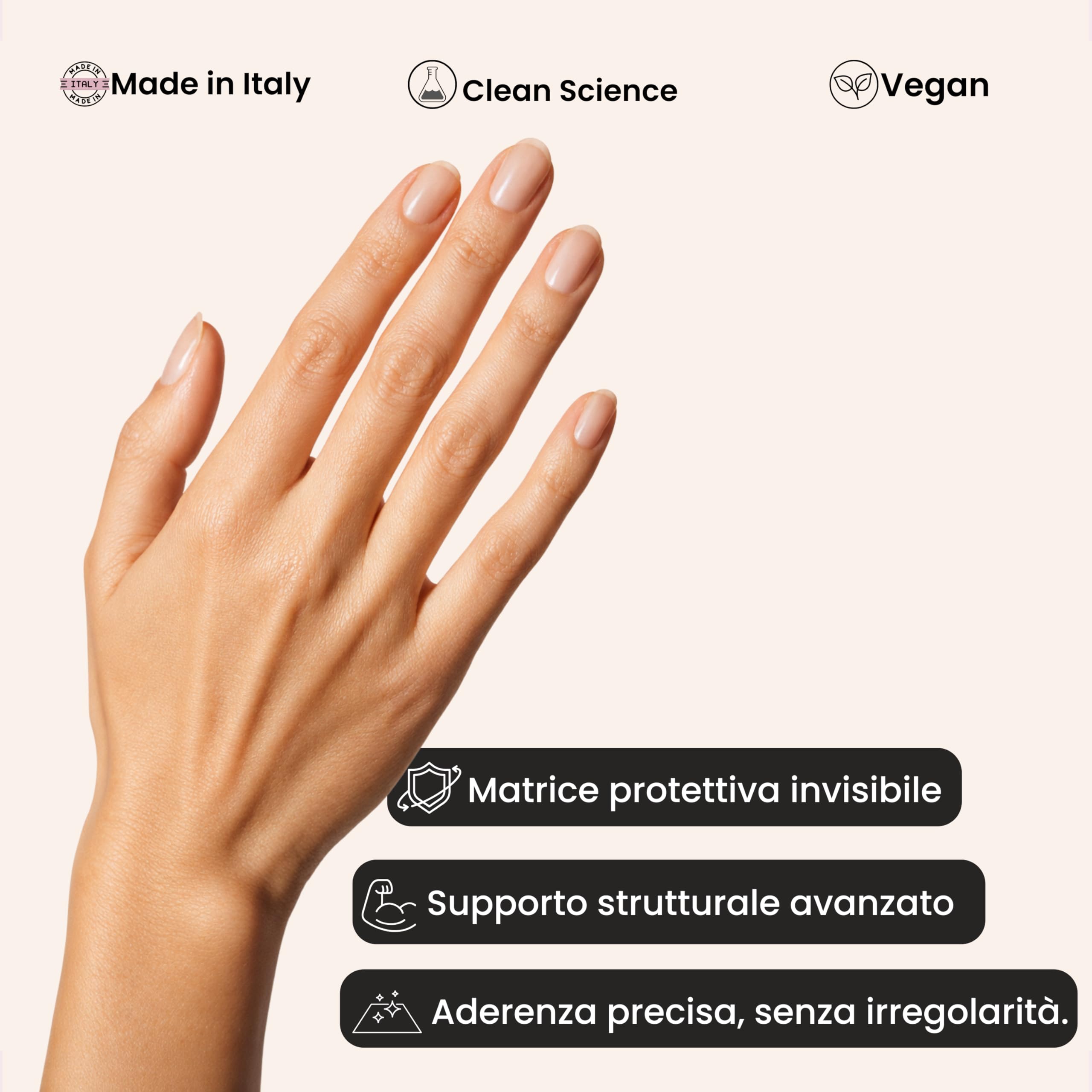 Smalto indurente rinforzante unghie fragili e sfaldate. Matrice strutturale trasparente con 13 bioattivi ad azione mirata. Protezione e stabilità dopo gel o trattamenti.