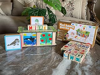 Wooden Word Building Box Develops language skills and visual thinking Forms words from letters using wooden blocks Educational cards with attractive graphics to form the matching word Bright colors