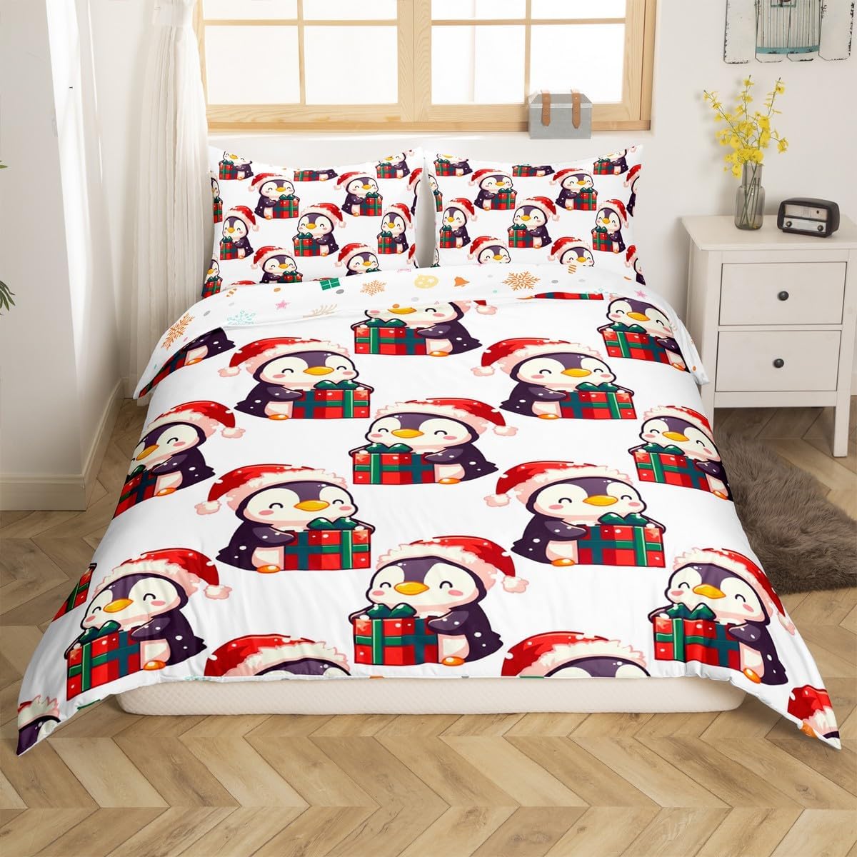 Castle Fairy Merry Christmas Duvet Cover Set Toddler Size,Cartoon Penguin Bedding Set,Xmas Gift Quilt Cover for Kids,Comforter Cover(No Filler),2 Pcs