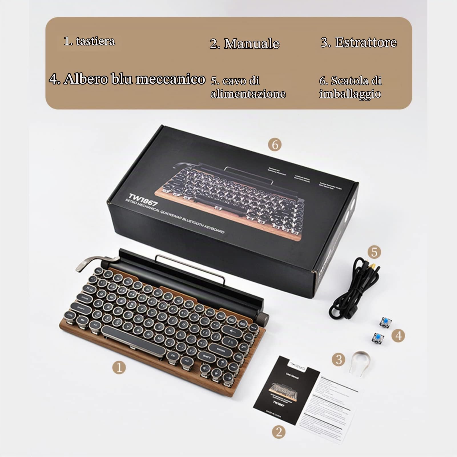 Yunseity Tastiera per Macchina da Scrivere Retrò, Tastiera da Gioco Meccanica con Tasti Rotondi Punk a 83 Tasti, Tastiera Qwerty Bluetooth per PC, Tablet, per IOS, Telefoni Android