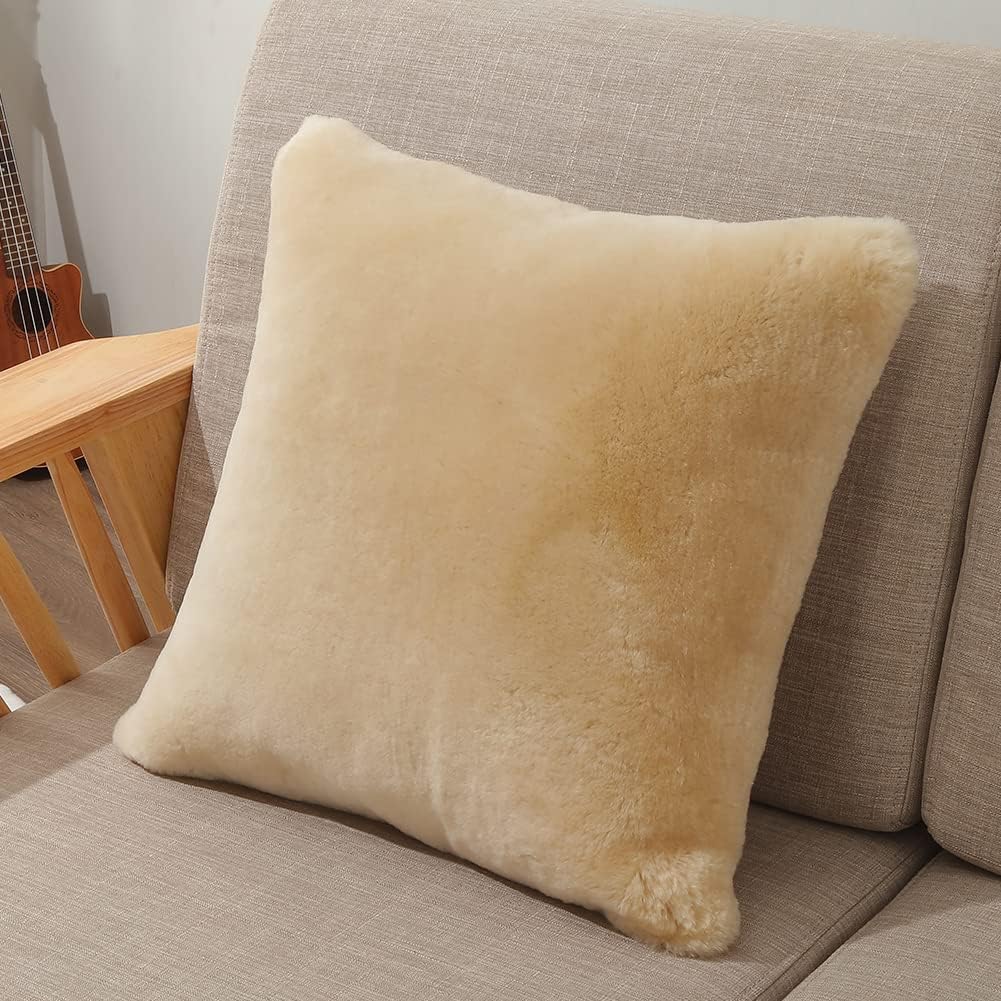 LLB Luxury Genuine Sheepskin Throw Pillow Covers Soft Fluffy Solid Decorative Square Couch Pillow Covers 18"x18" Pillowcase Cushion Case for Sofa Bedroom Car Bed, No Pillow Insert Shearling Pearl
