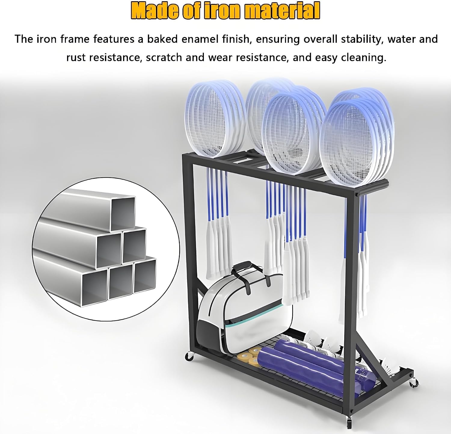 Ampio scaffale porta racchette per badminton e tennis, carrello espositivo con ruote e base in rete.