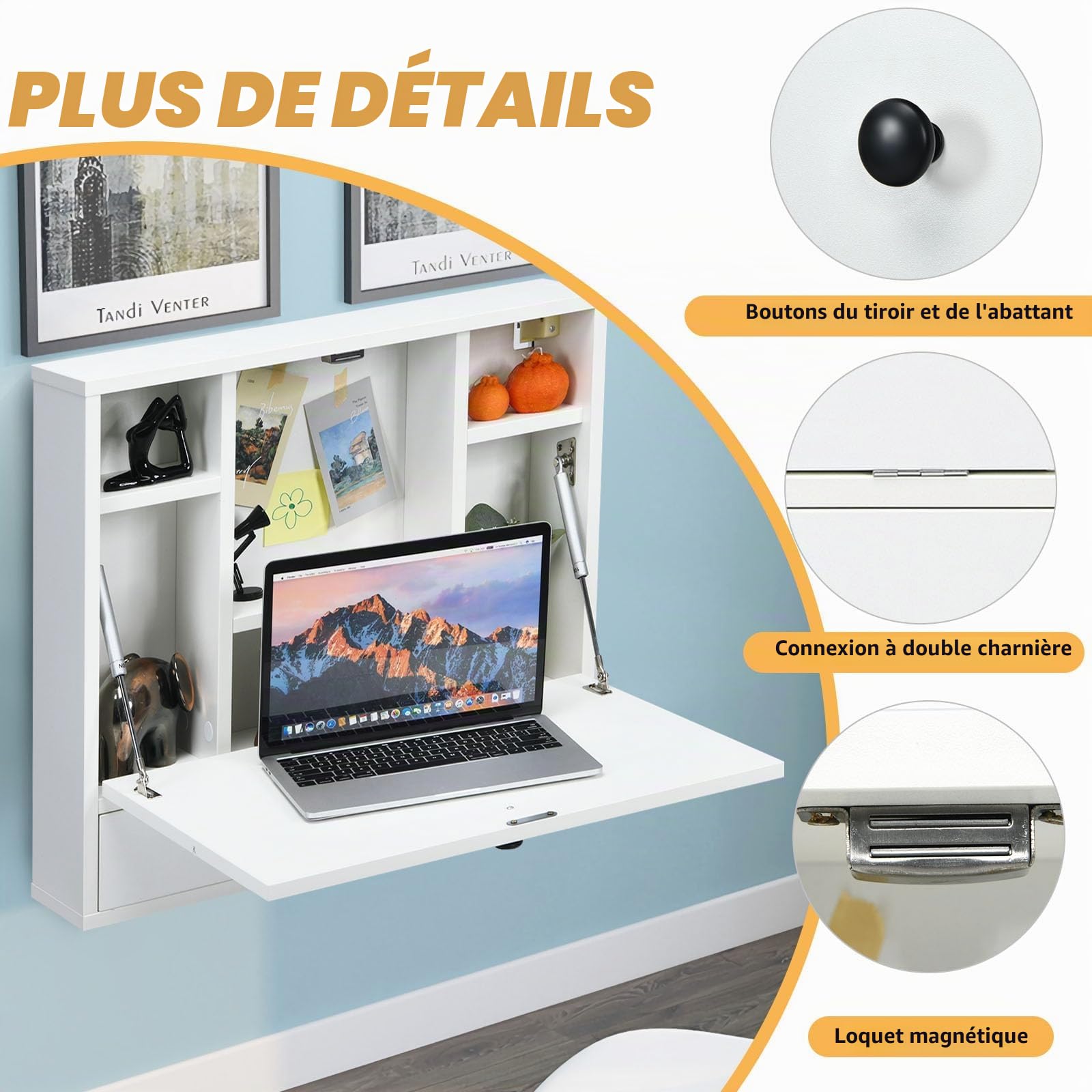 LIFEZEAL Bureau Mural, Table Murale Pliable Peu Encombrant, Bureau Suspendu Pliable avec Tiroir & Étagères, Table Murale pour Bureau, Chambre, Salle d'Étude,60 x 15 x 57 cm (Blanc)