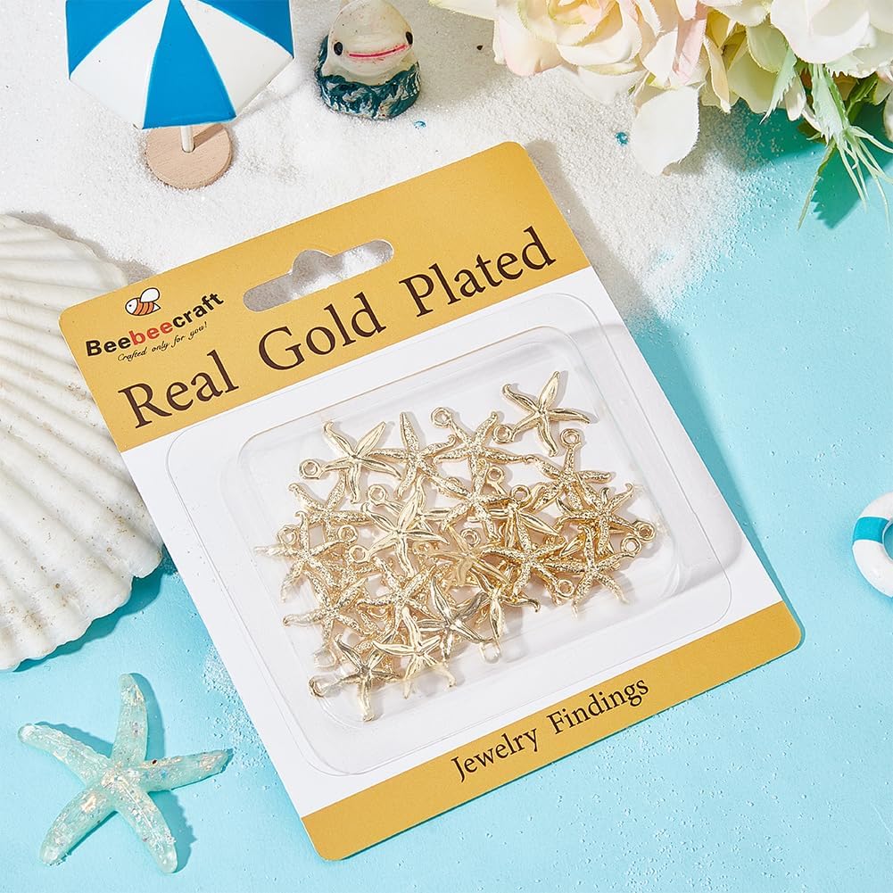 Beebeecraft 1 Box 30Pcs Starfish Charms Bulk Real 18K Gold Plated Alloy Sea Ocean Beach Animals Starfishes Mini Dangle Pendant Charm for Jewelry Making Pendants Necklace Bracelet DIY Crafts Supplies