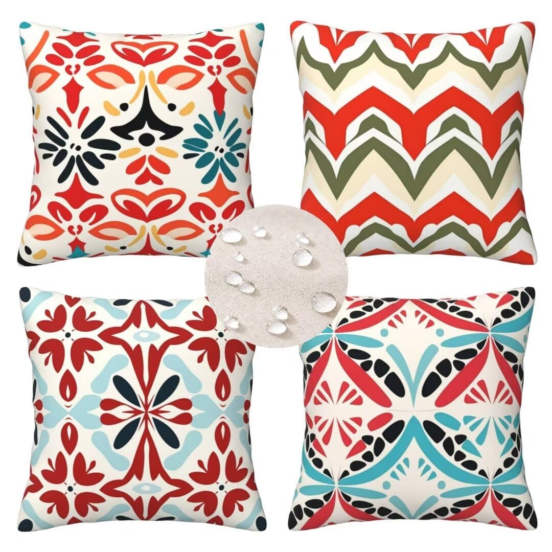 Throw Pillow Covers 16x16 inch Outdoor Pillows Waterproof Linen Decorative Couch Cover, Outdoor Pillows Red, Bohemian Throw Pillows for Couch, Outdoor Patio Pillows for Home Bedroom Farmhouse Decor X3