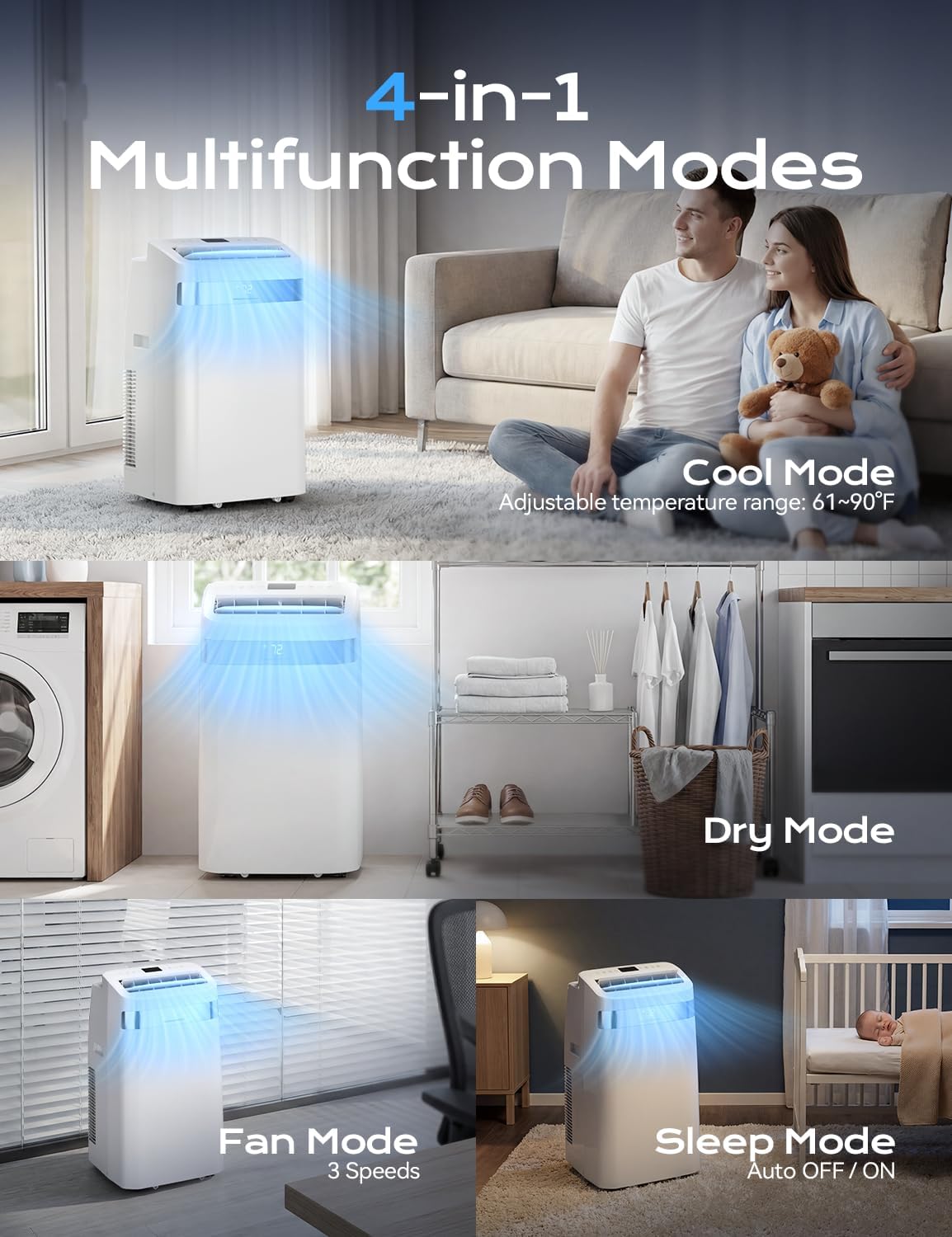 Tehanld 12,000 BTU Portable Air Conditioner, 4-in-1 AC Unit with Sleep, Cool, Dehumidifier & Fan, Cools up to 500 sq.ft, Remote Control, 24H Timer & Window Mount Kit, Bedroom
