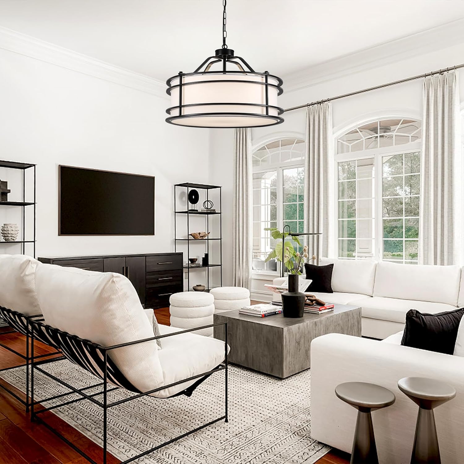 21.6" Modern Drum Chandelier, 5-Light Black Chandeliers with White Fabric Shade, Farmhouse Round Pendant Light Fixture for Dining Living Room Foyer, E26