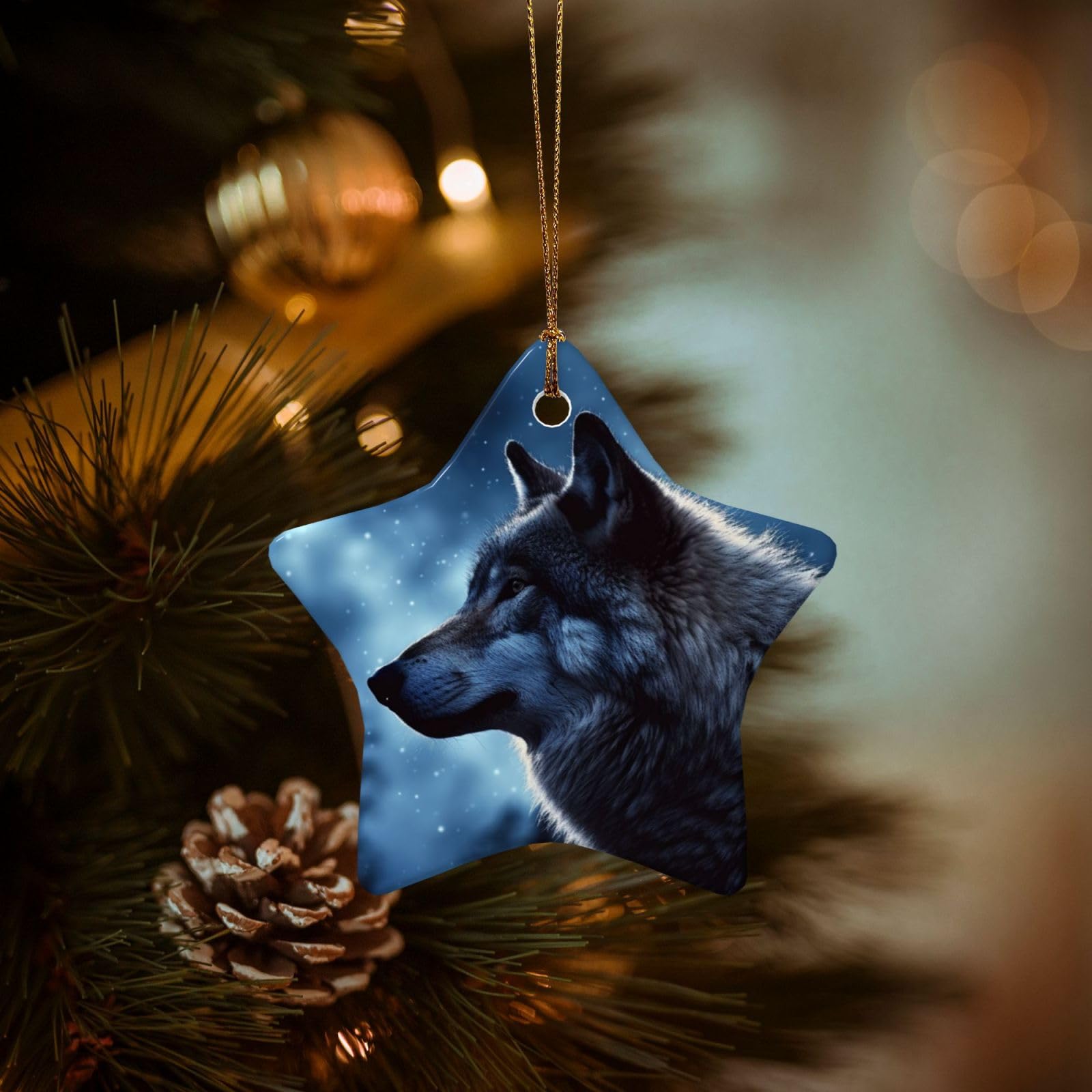 Christmas Ornaments for Christmas Tree Decoration Hanging Lonely Wolf Ornament with Gold Ribbon Crafts Star Shape Ceramic Pendant for Keepsake Gifts Xmas Decor Party Supplies