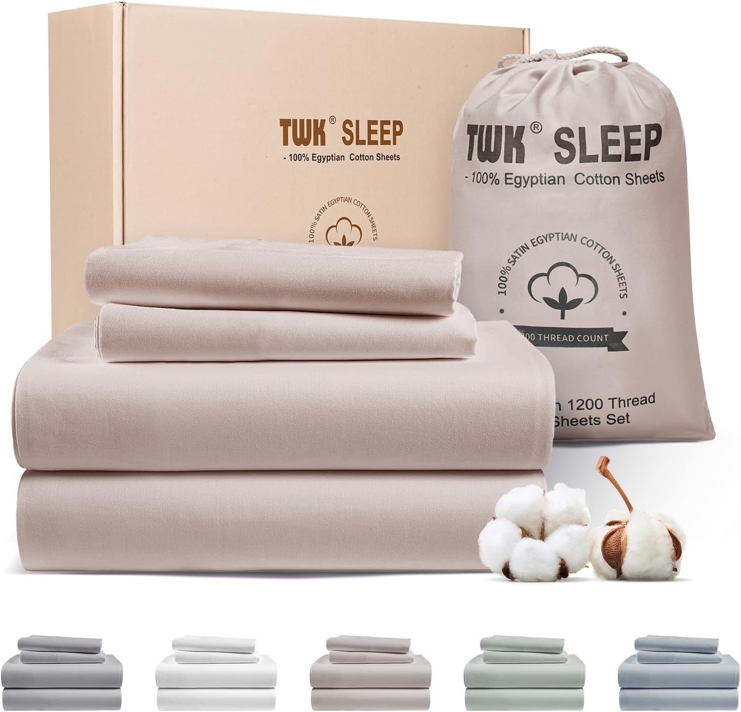 TWK 1200 TC 100% Egyptian Long-Staple Cotton Bedding Sheets Set, Luxury Hotel Style Deep Pocket with Elastic Reinforced Seams Sheet Set, Soft & Comfy Natural Sheets(Sand, Queen)