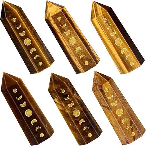 Miniatura 4 de Amogeeli Wicca - Varita de punta de piedra de ojo de tigre de fase lunar para meditación de reiki, 6 prismas facetados, decoración de cristal