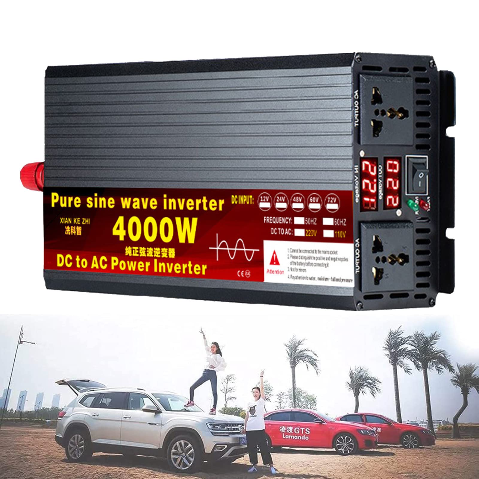 Inversor de energía sinusoidal Pura 12V 24V 48V 60V 72V a 110V 220V Convertidor de automóvil con Tomas de CA duales y Pantalla Digital Dual para automóvil RV Camión Barco Viajes Camping,4000W-48Vto1