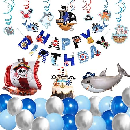 63x Pirate Animal Marin Decoration Anniversaire Pour Enfants Briller Banniere Joyeux Anniversaire Mer Rover Requin Des Ballons Tourbillons Sous L Eau Fournitures De Fete D Anniversaire Amazon Fr Cuisine Et Maison
