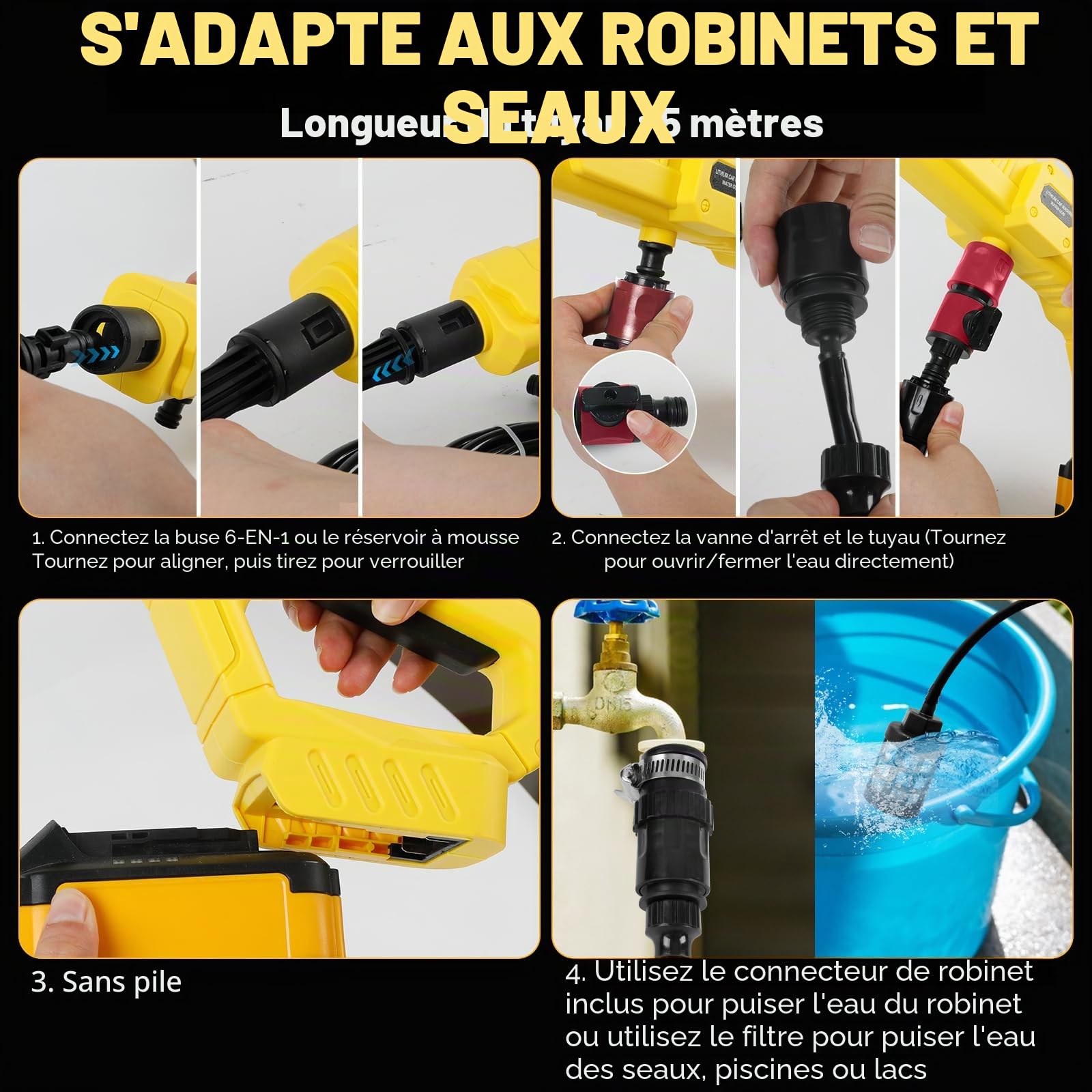 Nettoyeur Haute Pression sans Fil pour Batterie DeWalt 20V, 21000RPM 1000 PSI Nettoyeur Haute Pression Portable avec buse 6-en-1 pour Le Nettoyage des sols de Voiture, des clôtures (sans Batterie)