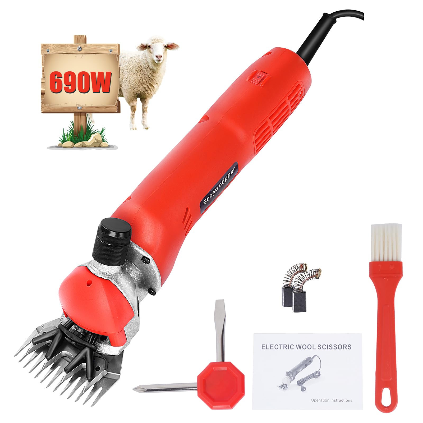 Elektrische Schafschermaschine 690W Professionelle Wollschere mit 6 Geschwindigkeiten 3 Meter Netzkabel Tierschermaschine für Schafe, Ziegen, Alpakas und Lamas (Rot)