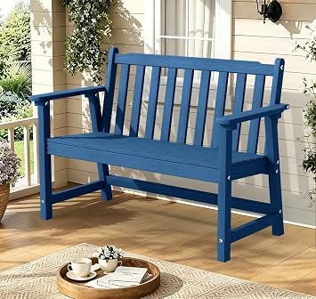 48" HDPE Weatherproof Outdoor Bench, Garden Porch Benches, Navy Blue | Supports 550 Lbs. All-Weather 2-Person Bench. Heavy-Duty Patio Furniture Set Suitable for Balcony, Backyard, Poolside, Park.