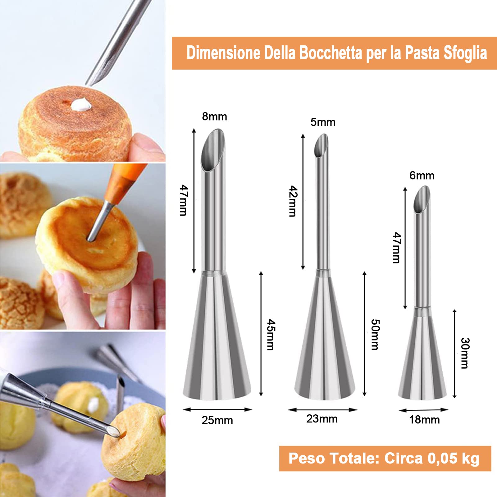 XOPOZON 3pcs Filling Nozzle, Broken Cornet, Puff Long Nozzle, Stainless Steel, 5/6/8mm for Filling Donuts Cupcakes Eclairs Pastry Cookies Cakes