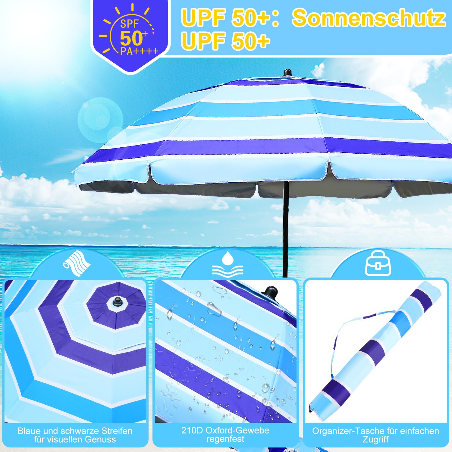 Ombrellone da spiaggia, Ø 213 cm, UV50 +, coefficiente di protezione solare, con tavolo e gancio e borsa per il trasporto, angolo di inclinazione e altezza regolabili, antivento, durevole, non