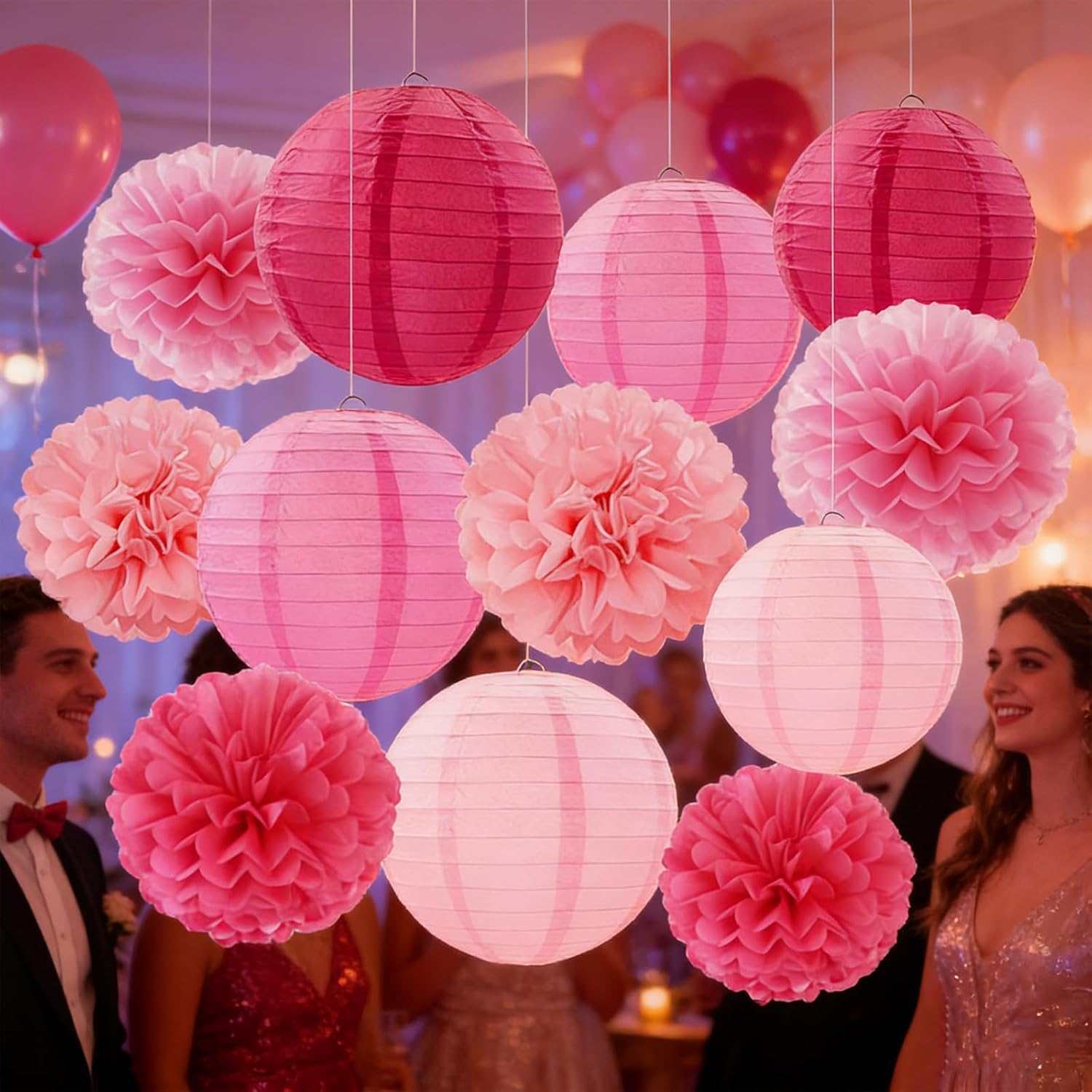 Hot Pink Party Decorations Paper Flowers Lanterns 18 Pcs Tissue Pom Poms Honeycomb Bridal Baby Shower Wedding Bachelorette Valentine Hanging Supplies