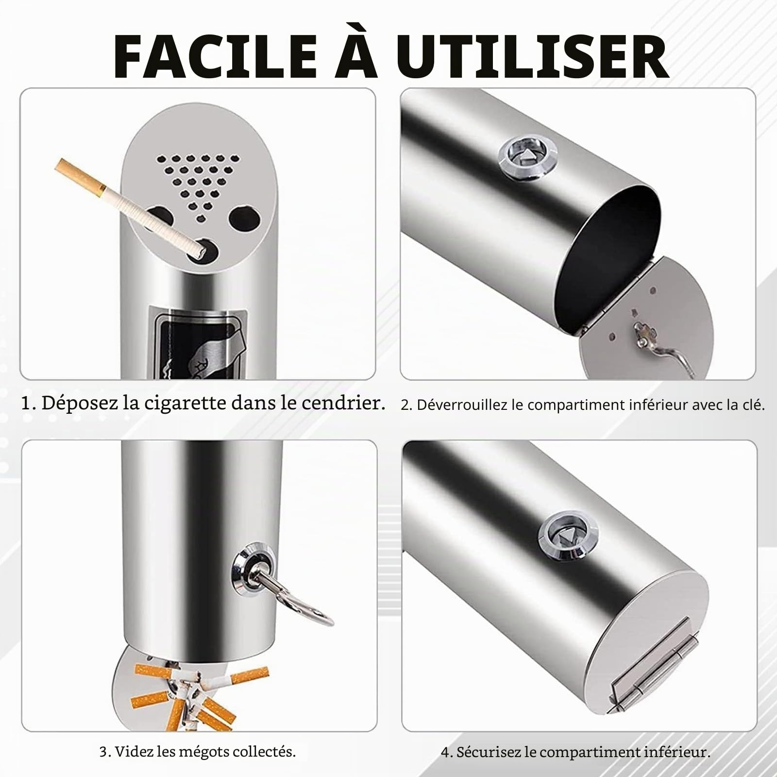 Lot de 2 cendriers pour extérieur - Montage mural - En acier inoxydable - Avec serrure - Pour restaurant, terrasse, hôtel, bureau - 30 cm x 6,3 cm - Argenté