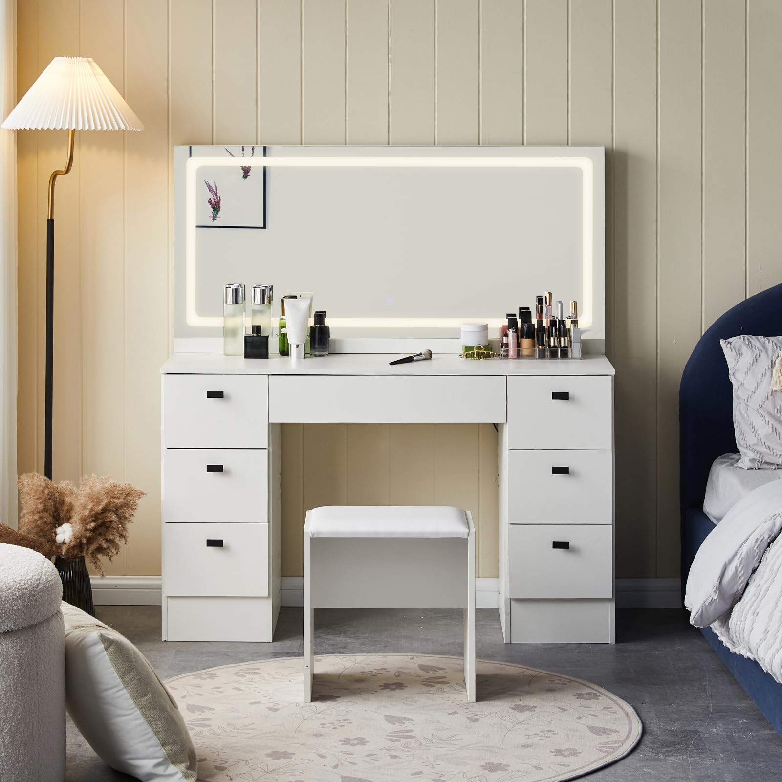 TUKAILAi 46" Vanity Desk with Large HD Mirror, LED Lights & Power Outlet, Touch Control 3 Color Lighting Modes Adjustable, Modern Hollywood Makeup