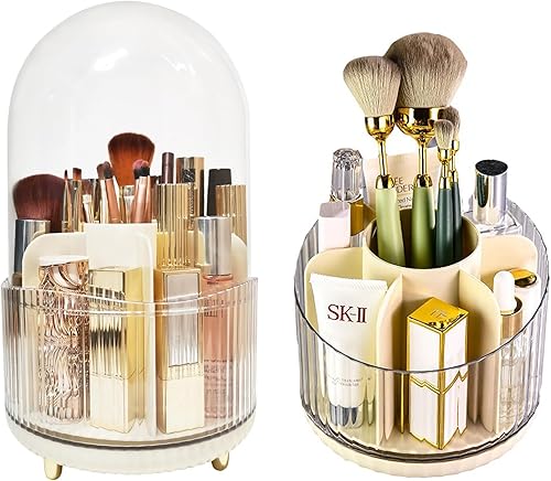 Miniatura 9 de Organizador de brochas de maquillaje con tapa, organizador de brochas de maquillaje giratorio de 360 grados a prueba de polvo con 7 ranuras para