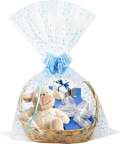 Yotelab Bolsas grandes de celofán, envoltura transparente de corazón azul para cesta de regalo, 22 x 33 pulgadas, 10 bolsas de regalo de celofán