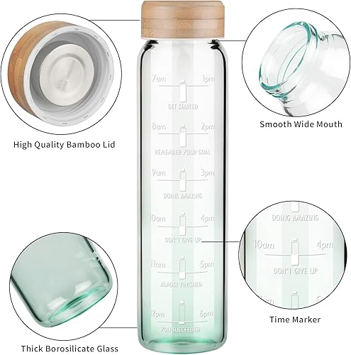 Miniatura 4 de Ferexer Botella de agua de vidrio de borosilicato de 32 onzas con popote y marcador de tiempo, botella de agua motivacional de boca ancha con funda