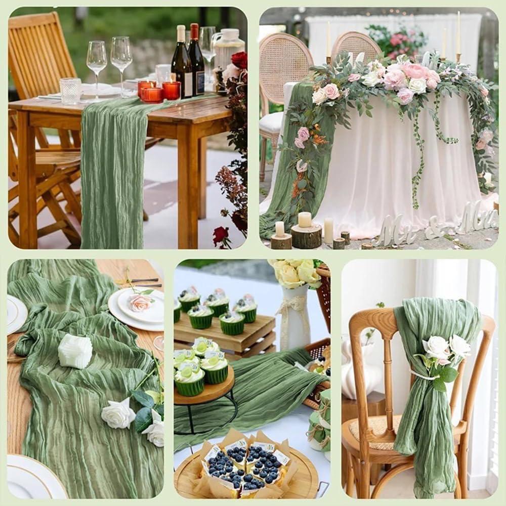 35 X 120 Inch Sage Green Cheesecloth Table Runner, Boho Tulle Fabric Cheese Cloth Table Runners, Summer Gauze Sheer Decorations for Wedding Party Bridal Shower Baby Birthday Centerpiece Home Décor