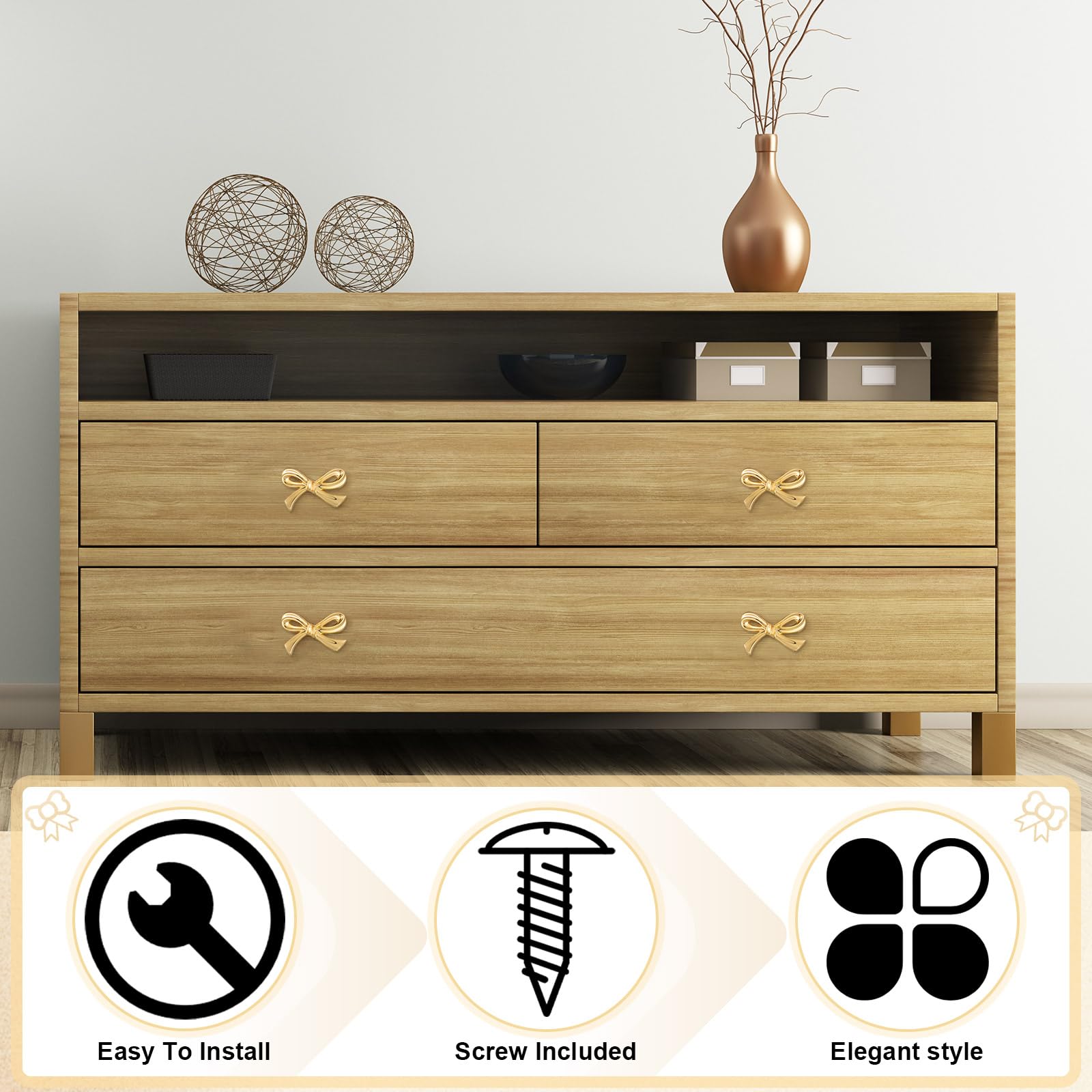 MorningRo 8 Pcs Gold Bow Drawer Knobs Matel Bow Knobs For Dresser Vintage Dresser Handles Pulls - View #3