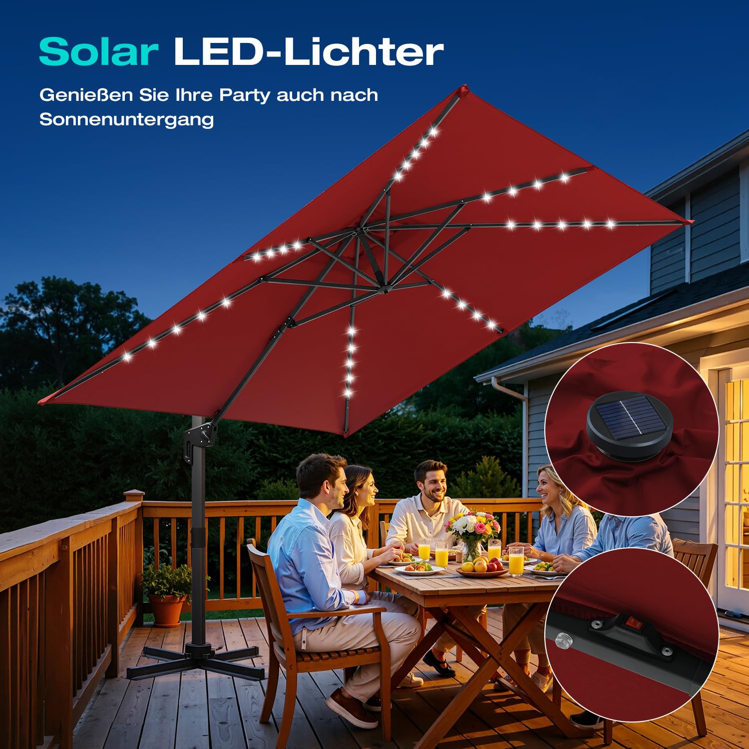 300 x 300 cm Sonnenschirm Ampelschirm Groß Solar LED, Gartenschirm mit Kurbel, 360° drehbar und kippbar, UV50+ Terrassenschirm mit Aluminiumgestell für Garten Terrasse