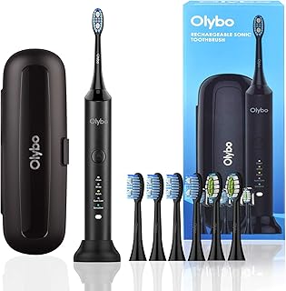 Olybo elektrische Zahnbürste Schallzahnbürste, 5 Modi mit 6 Ersatzbürstenköpfe, und Reise-Etui