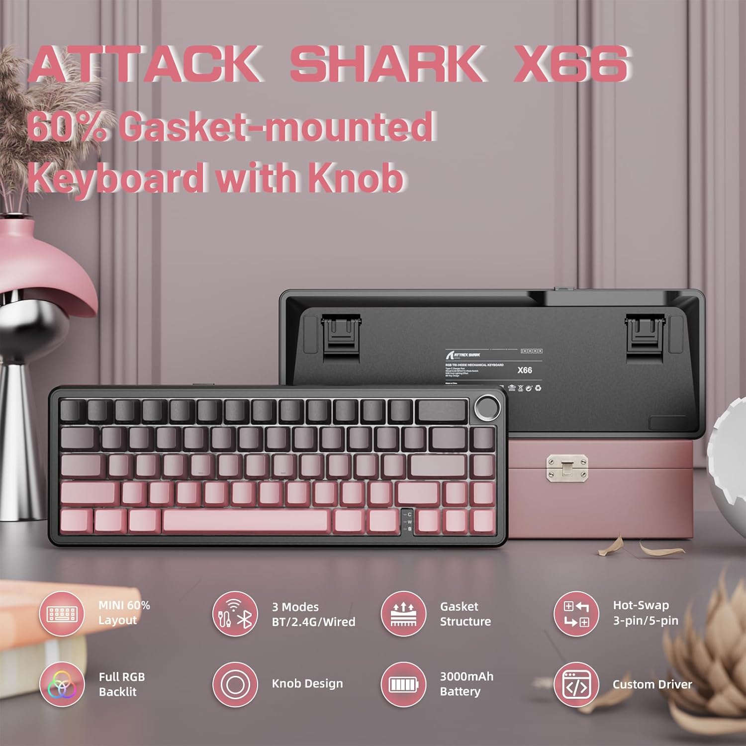 ATTACK SHARK X66 60% Wireless Mechanical Gaming Keyboard with Knob,Gasket Hot Swappable Custom Keyboard,Side Printed PBT Keycaps,Tri Mode USB-C/BT5.0/2.4G RGB Keyboard with Coiled Cable - BlackBerry
