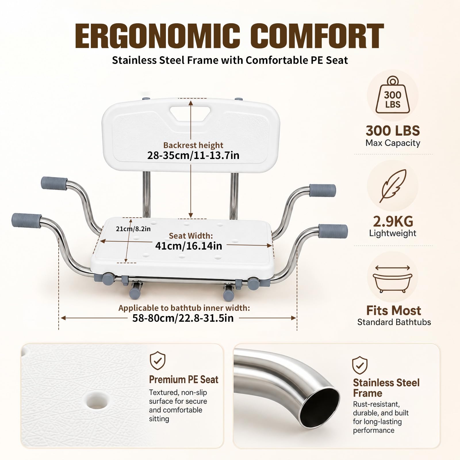 Sedile per vasca da bagno, schienale regolabile in altezza (28-35 cm), antiscivolo, portata 136 kg, larghezza 76-86 cm