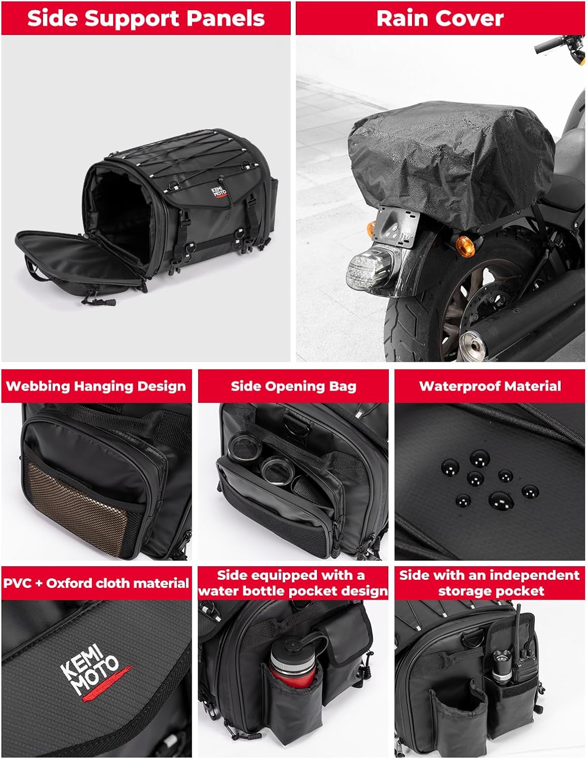 KEMIMOTO Motorcycle Travel Luggage Bags, 24-32L Expandable Large Capacity Motorcycle Tail Bag, Waterproof Rear Rack Trunk, Motor Pannier Bag with Rain Cover and Straps - Image 4