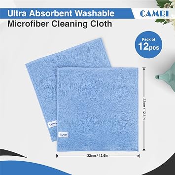 Microfiber Towel Cleaning Cloth Pack of 12, Size 12.6 x 12.6, Blue, Lint Free, Super Absorbent, Streak Free, Washable, Multipurpose Cleaning Rags for Kitchen, Glass, Car, Mirror