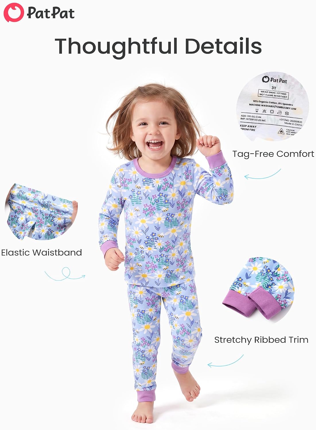 PATPAT Baby & Toddler Pajamas with Organic Cotton, 2-piece PJs for Girl Boy | Organic Cotton, Soft, Breathable Comfort, Gentle on Sensitive Skin, Tagless Design, Stretchy Fit, GOTS Certified, Easy Care