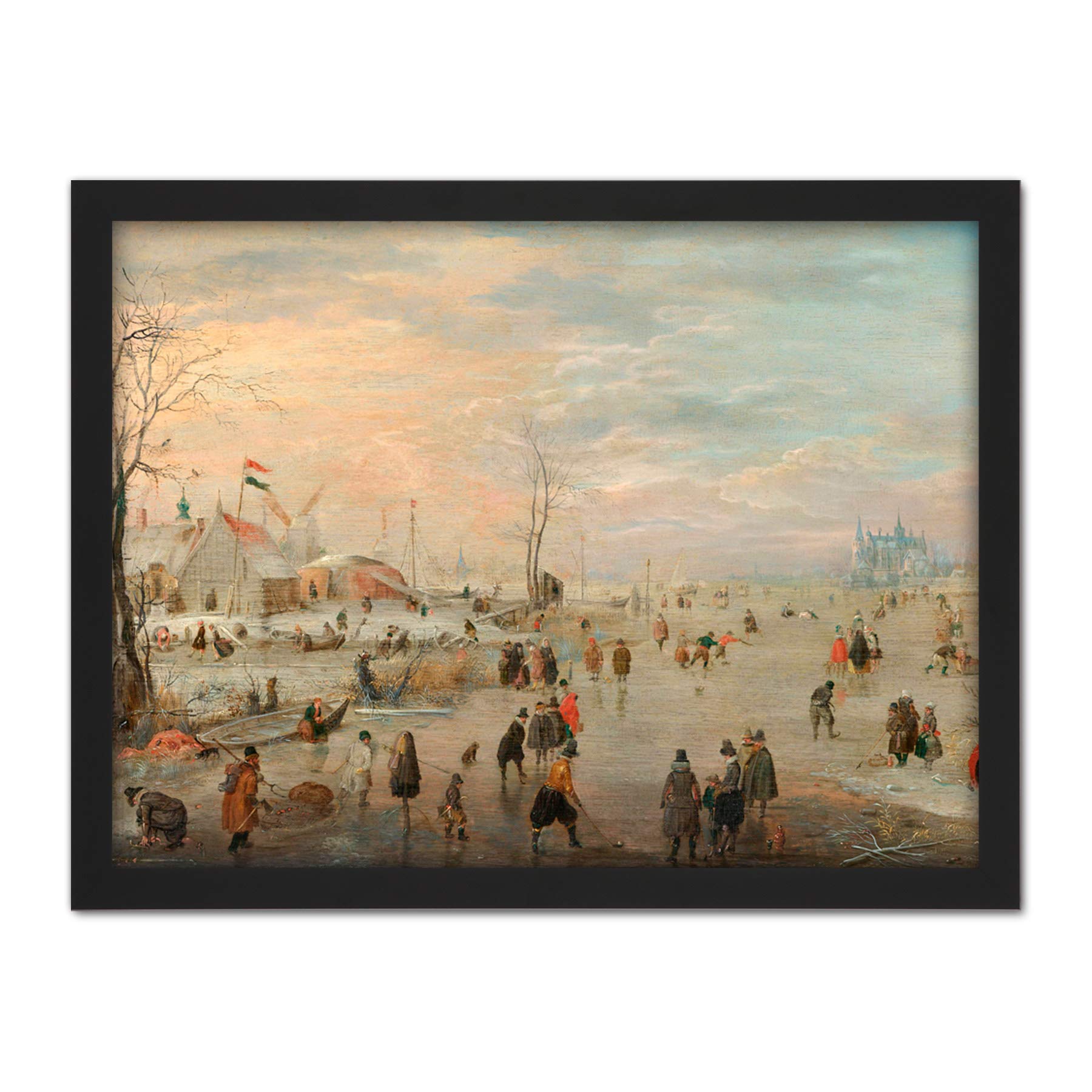 Artery8 Framed Black 18X24 Hendrick Avercamp Enjoying The Ice Skating Painting Artwork Framed Wall Art Print 18X24 Inch