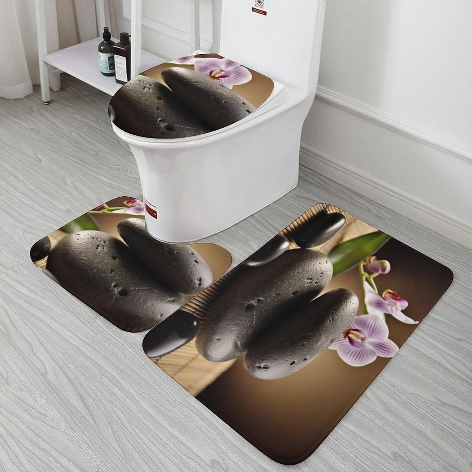 Anti-Skid Floor Mats 3 Piece Set,Zen Stone Printed Coral Fleece Bathroom Mats U-Shaped Contour Mat Toilet Seat Cover for Bathroom, Tub, Shower, Kitchen 19.7"x31.5"