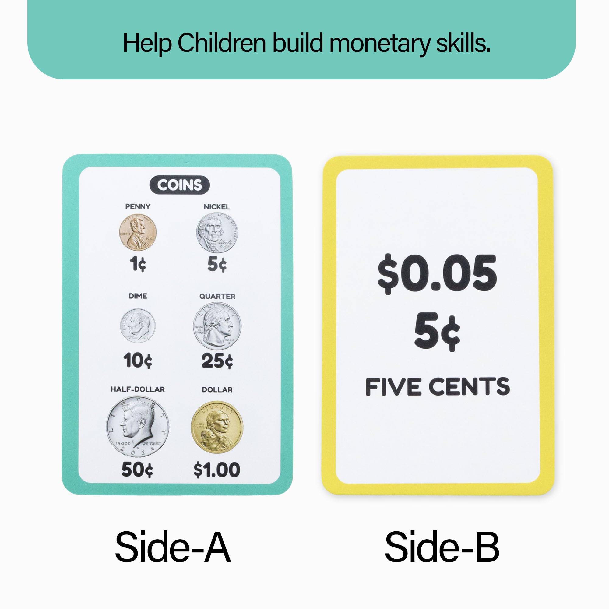 BAZIC - Schede flash per imparare a contare denaro, riconoscere banconote e monete valuta USA, gioco di apprendimento interattivo, flashcard per scuola materna e casa (confezione da 36), confezione da
