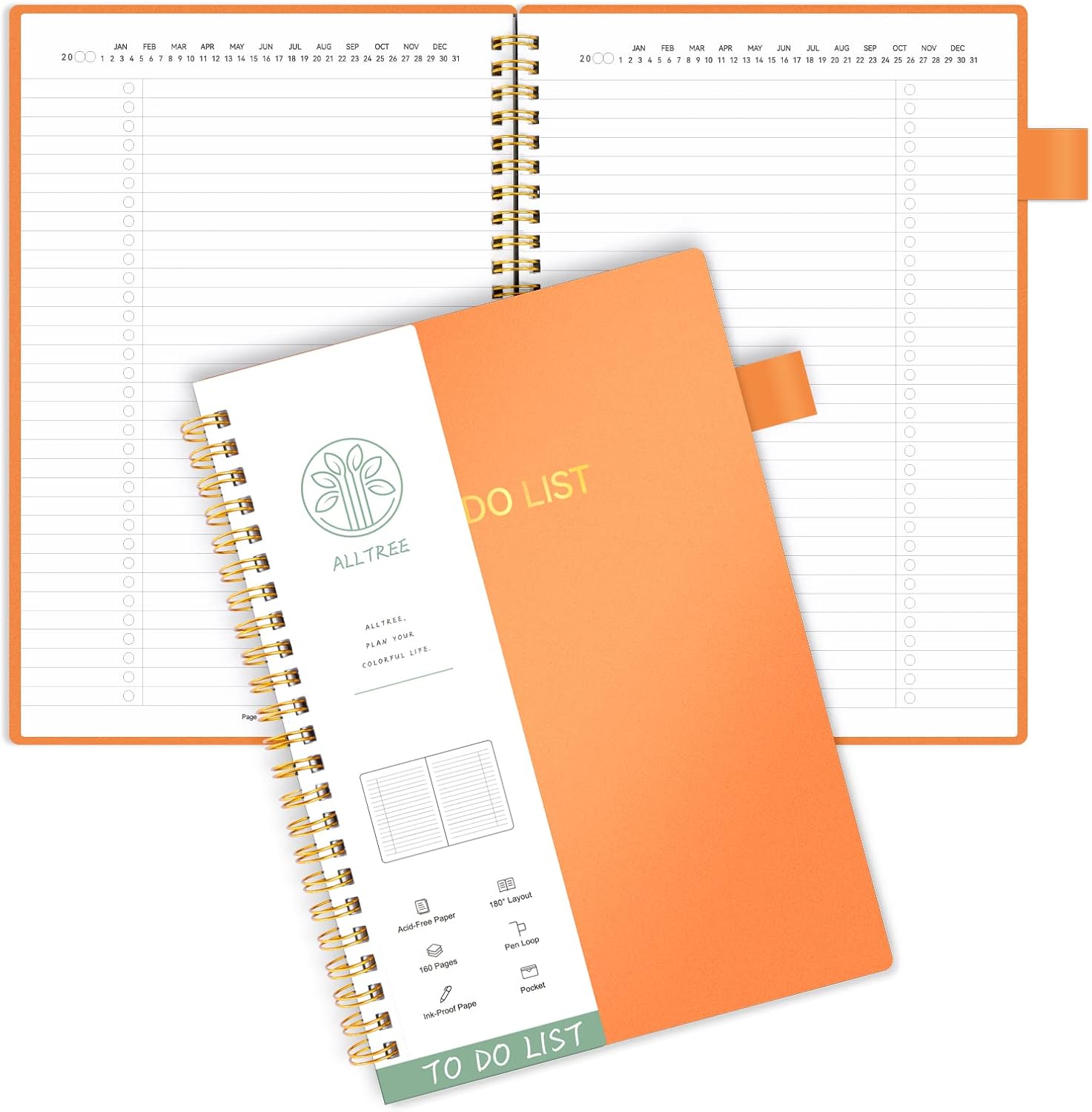 ALLTREE To Do List Notepad Spiral Planner, Daily Task Tracker with Wide lined Notebooks, Work Planner with Pocket, Pen Loop, 160 Pages, Orange (5.5"x8.5")